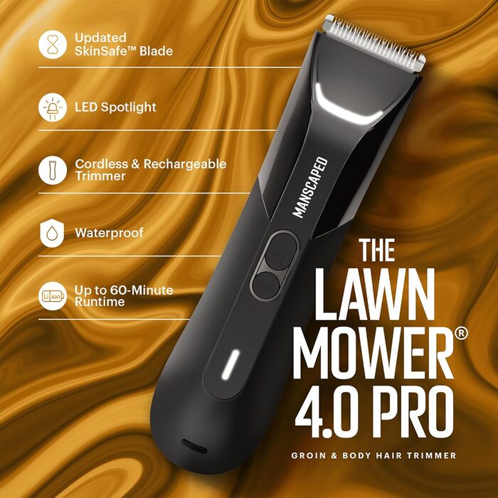 MANSCAPED™ The Lawn Mower® 4.0 PRO – тример для інтимної зони та тіла чоловічий, водонепроникний, SkinSafe™ лезо, USB-C та бездротова зарядка, з блокуванням для подорожей