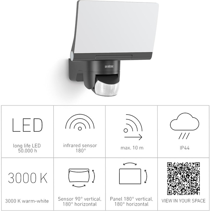 Світлодіодний прожектор з датчиком руху Steinel XLED Home 2 S, 13.7 Вт, 1550 Лм, кут огляду 180°, дальність 10 м, поворотний, для вулиці, графітовий