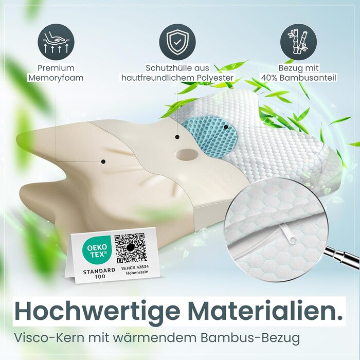 Ергономічна подушка для шиї та голови Gentle North з ефектом пам'яті (Memory Foam), для сну на боці, спині та животі, зі знімним чохлом, 61x40x12 см, синя
