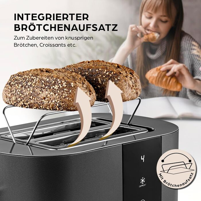 Тостер GOURMETmaxx для 2 скибок, антрацит: електричний тостер з 6 режимами підсмажування, таймером, підставкою для булочок та функцією підігріву, сенсорний дисплей