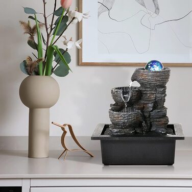 Настільний фонтан Dyna-Living з рухомою кулею та LED-підсвіткою, декоративний водоспад із полірезину, багатоколірний (Стиль 4, 26x23x17.5 см)