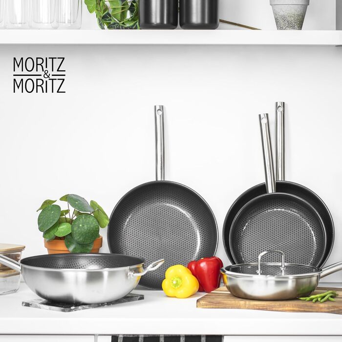 Сковорода з нержавіючої сталі Moritz & Moritz 28 см з керамічним покриттям нового покоління - підходить для всіх типів плит - антипригарна сковорода з вафельною структурою для приготування, смаження та тушкування. Діаметр 28 см (Без кришки, Ø 24 & 28 