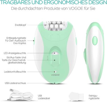 Епілятор VOGOE 4-в-1 для жінок, електричний, бездротовий, 21 пінцет, для обличчя, ніг, рук та бікіні, модель HR310, зелений
