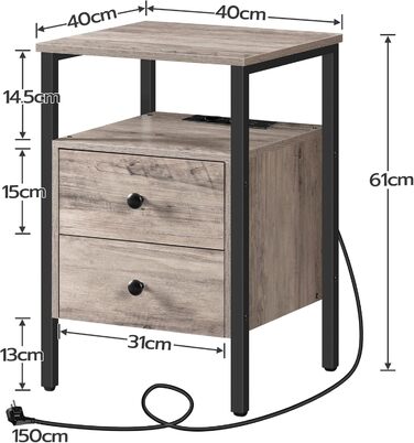 Тумба приліжкова HOOBRO з USB-зарядкою, 2 шухляди, 40x40x61 см, сучасна, для спальні та вітальні, сіро-чорна
