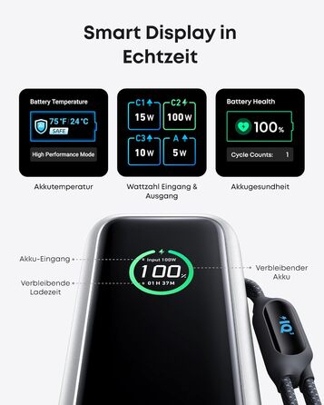 Powerbank Anker 25000mAh з 3 USB-C портами 100W, вбудований кабель, для iPhone, MacBook, Samsung та інших пристроїв (Срібний)