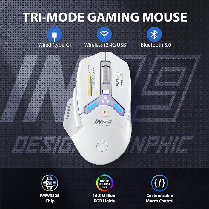 Ігрова миша inphic IN9 бездротова Tri-Mode (2.4G/Bluetooth/Type-C), 10000 DPI, RGB-підсвітка, програмована, акумуляторна, сіро-біла