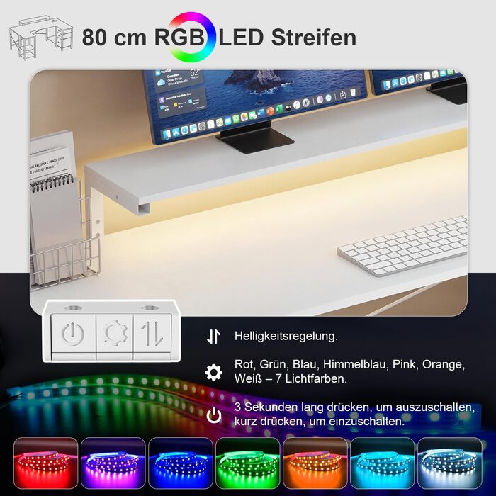 Ігровий стіл Devoko кутовий з LED, 3 шухляди, 170x95x75 см, білий - з регульованою полицею, розетками та USB