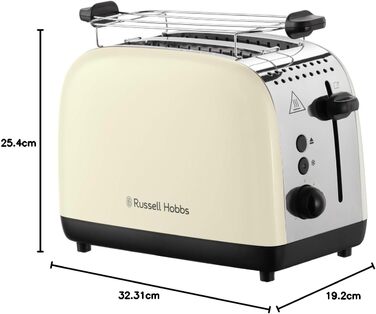 Тостер Russell Hobbs Colours Plus Edelstahl Creme на 2 тости, нержавіюча сталь - з підставкою для булочок, 6 режимів підсмажування, розморожування, Lift & Look, 1600 Вт