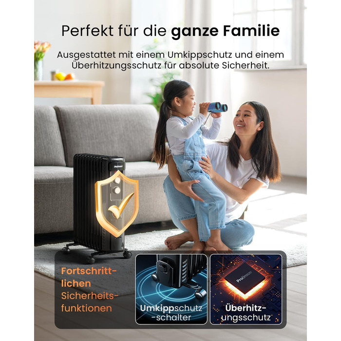 Електричний масляний радіатор Pro Breeze 2500W з 11 ребрами, таймер 24 год, 3 режими, термостат, захист від перегріву - чорний