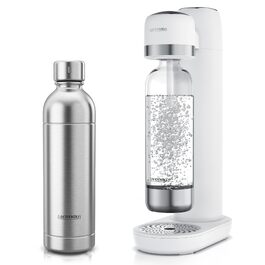 Сифон для газування води Arendo Soda Maker, набір з двома пляшками (1л пластикова BPA-free та 1л зі сталі), сумісний з циліндрами CO2 60л, білий