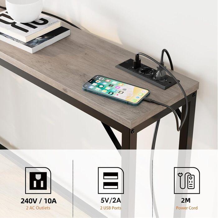 Вузький консольний стіл з розеткою та USB, 100x23x80 см, приставний стіл для коридору, вітальні, передпокою, винтажний коричнево-чорний або сірий