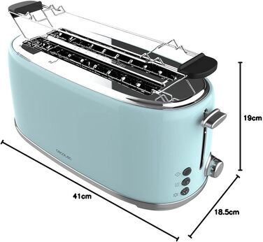 Тостер Cecotec Toast&Taste 1600 Retro Double 1630W, нержавіюча сталь, 4 слоти, регульована потужність, синій ретро-дизайн