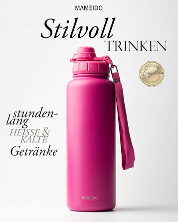 Термос-пляшка MAMEIDO Glow Couture 1200 мл зі спортивною кришкою 2-в-1, знімною трубою та ремінцем, герметична та без BPA