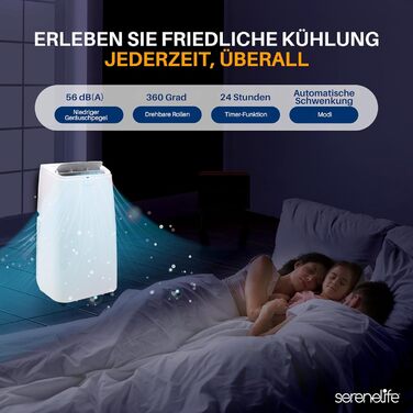Мобільний кондиціонер SereneLife 3-в-1 з трубкою, 12 000 BTU, осушувач і вентилятор, для приміщень до 25 м², з пультом, видаляє 1,8 л вологи/год, білий