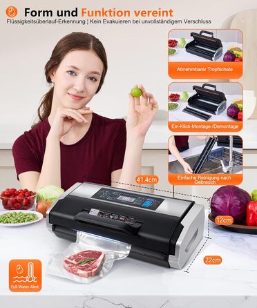 Вакууматор MZROT для продуктів харчування, -95кПа, 230Вт, з подвійним швом, 10 режимів (сухий/вологий), вбудованим різаком, чорно-сріблястий (в комплекті рулон та 15 пакетів)