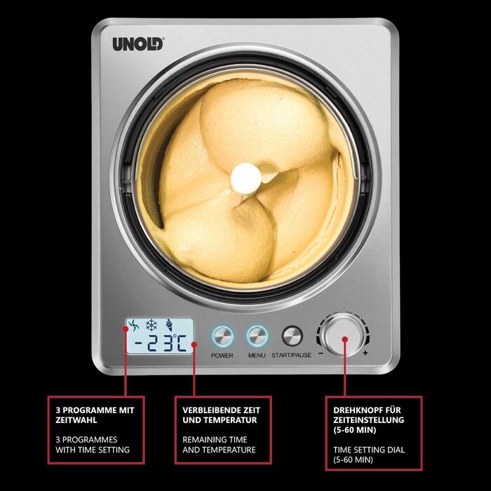Морозивниця Unold Profi Plus 48880, 2.5 л, нерж. сталь, 250 Вт, автоматична, з компресором, LCD-дисплей, таймер, для веганського, безлактозного та стевієвого морозива