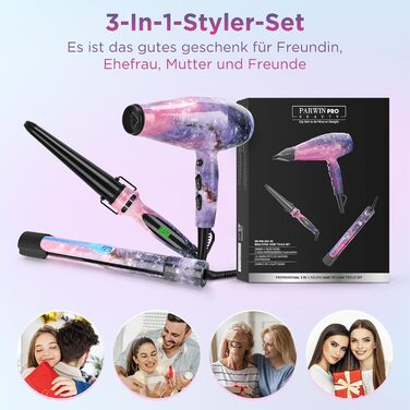 Стайлінг-набір 3-в-1 PARWIN PRO BEAUTY: фен, випрямляч і плойка з іонізацією, конічна плойка, подарунковий набір для жінок, дизайн «Галактика»