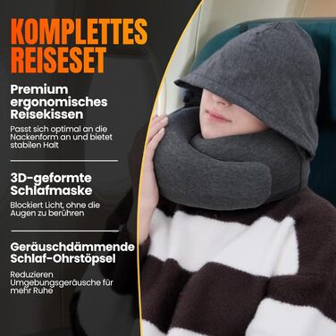 Подорожня подушка з капюшоном Hooded Pro з ефектом пам'яті для літака, авто та поїздок, бавовняна начіпка для сну, захист від світла, темно-сіра