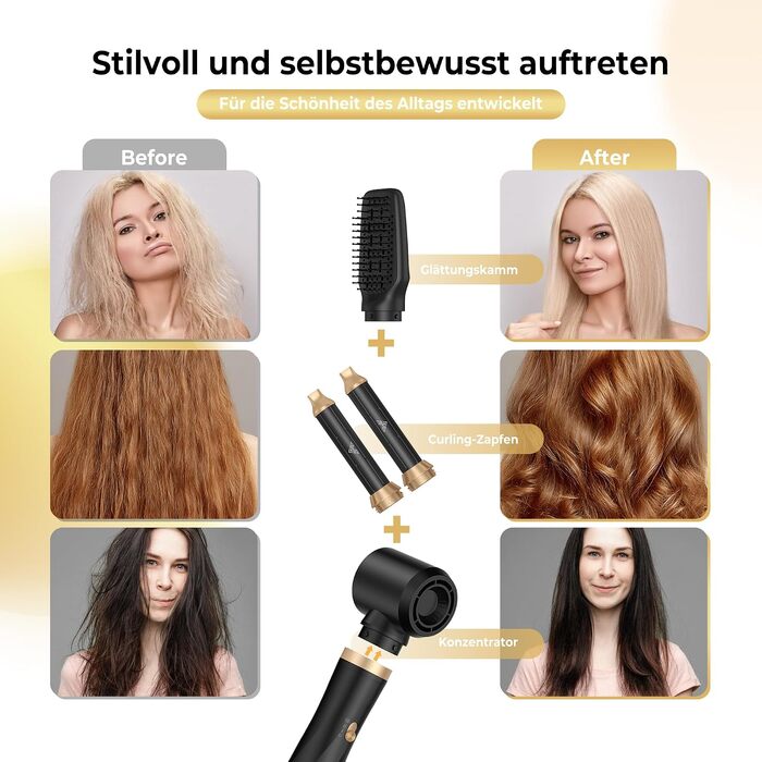 Мультистайлер для волосся 5-в-1 Faltbarer Airstyler з ефектом Коанда, високошвидкісний стайлер-фен з іонізацією та набором насадок (брашинг, локони), складаний, сріблясто-чорний