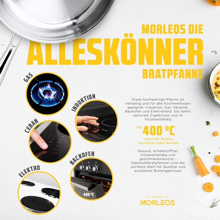 Сковорода Morleos керамічна Ø 32 см, без PFAS та PTFE, антипригарна, 5-шарова, 3 мм, для індукційних плит, з нержавіючої сталі, можна мити в посудомийній машині