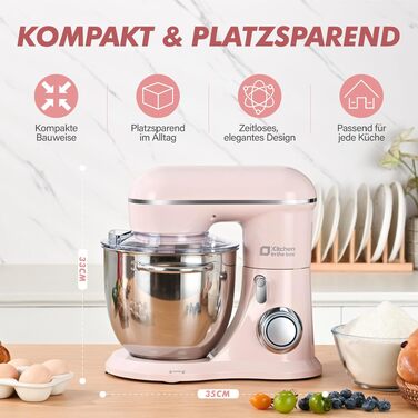 Кухонна машина Kitchen in the box Kompakte — планетарний міксер та тістоміс 3.5L/5L, 10 швидкостей, з вінчиком, гаком та міксером (Рожевий)