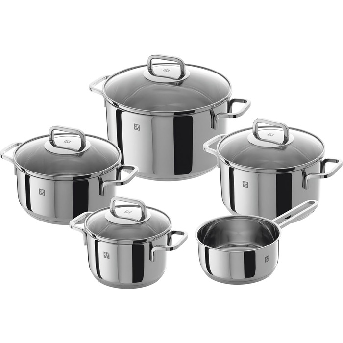 Набір каструль ZWILLING Quadro 5-ти з нержавіючої сталі, без покриття, 4 скляні кришки, підходить для індукційних плит