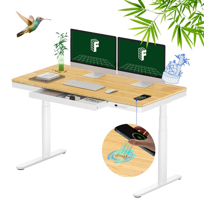 Електричний стіл FLEXISPOT Q8 з бездротовою зарядкою, висувним ящиком та системою організації кабелів, 140x70 см, бамбукова стільниця, біла рама