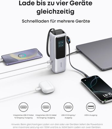 Powerbank Anker 25000mAh з 3 USB-C портами 100W, вбудований кабель, для iPhone, MacBook, Samsung та інших пристроїв (Срібний)