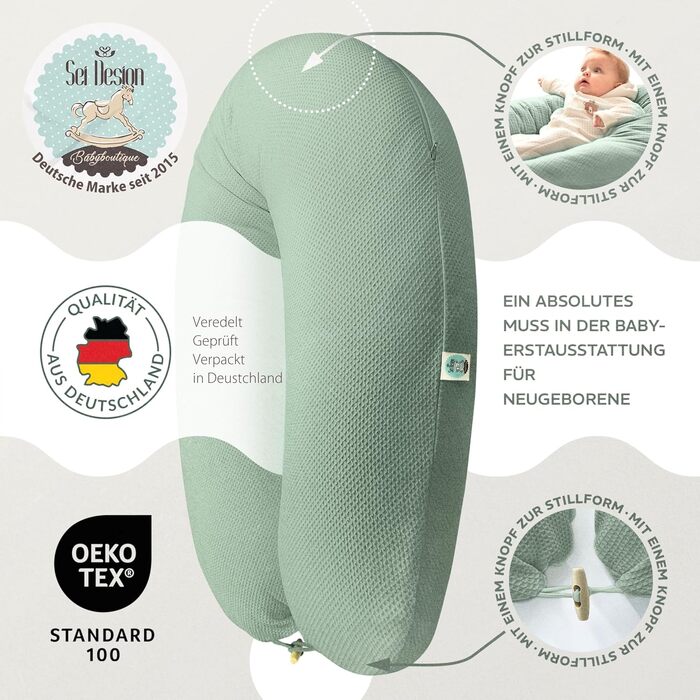 Подушка для вагітних та годування Sei Design XXL 190x30 см, м'ята - ергономічна, з регульованою наповнюваністю, з чохлом з бавовни Oeko-TEX