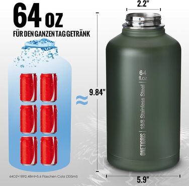 Термос-фляга OneTigris Edelstahl 1.9л (64oz) з чохлом, спортивна фляга для води, 3 кришки для велосипеда, кемпінгу, йоги, спортзалу, полювання, риболовлі - Оливково-зелений