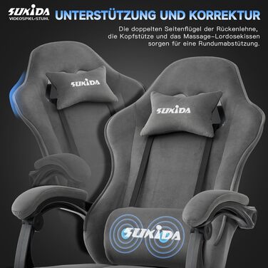 Ігрове крісло SUKIDA з тканини, ергономічний комп'ютерний стілець Racing з підніжкою та підтримкою попереку, сіре
