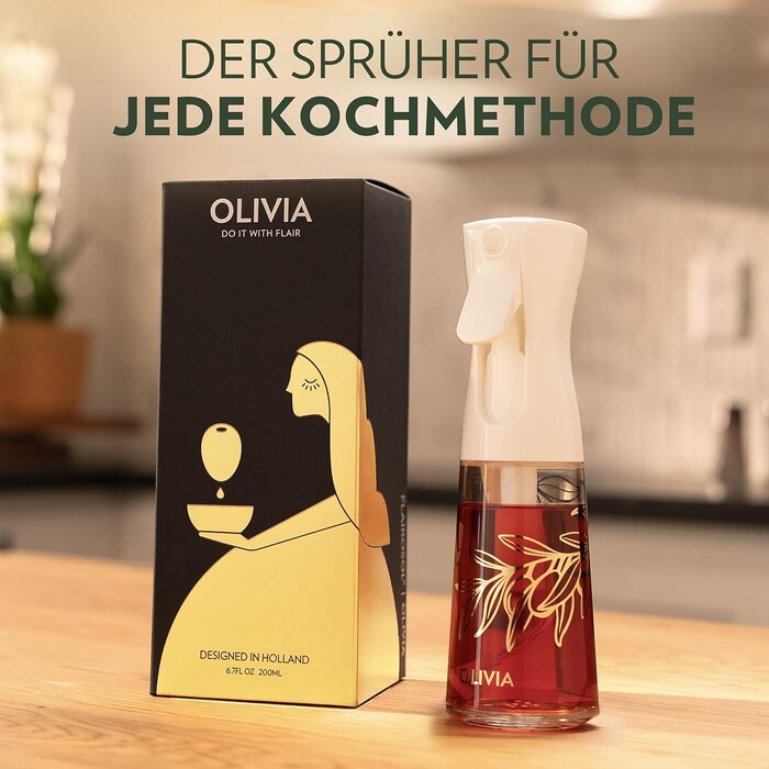 Скляний розпилювач для оливкової олії FLAIROSOL OLIVIA (200 мл) — дозатор для кухні, гриля та аерофритюрниці, прозорий з золотом