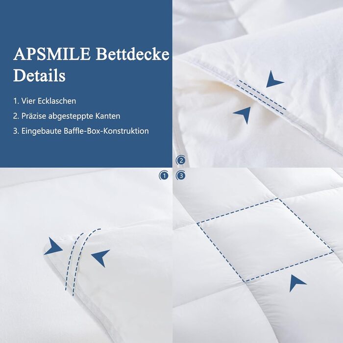 Пухова ковдра APSMILE 200x200 см з натурального пуху та пера, біо-бавовна, для алергіків, сертифікат Ökotex, RDS, середньої теплоти, біла, цілорічна