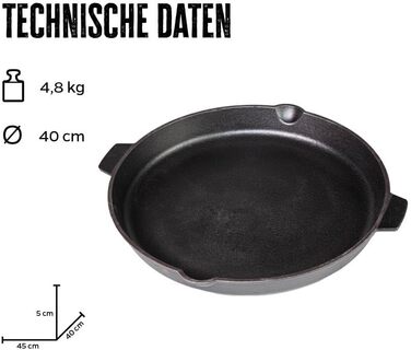 Сковорода для гриля Grillfürst, чавунна, з двома ручками, Ø 40 см, масивна жаростійка сковорода з високими бортами для газового гриля, плити та відкритого вогню