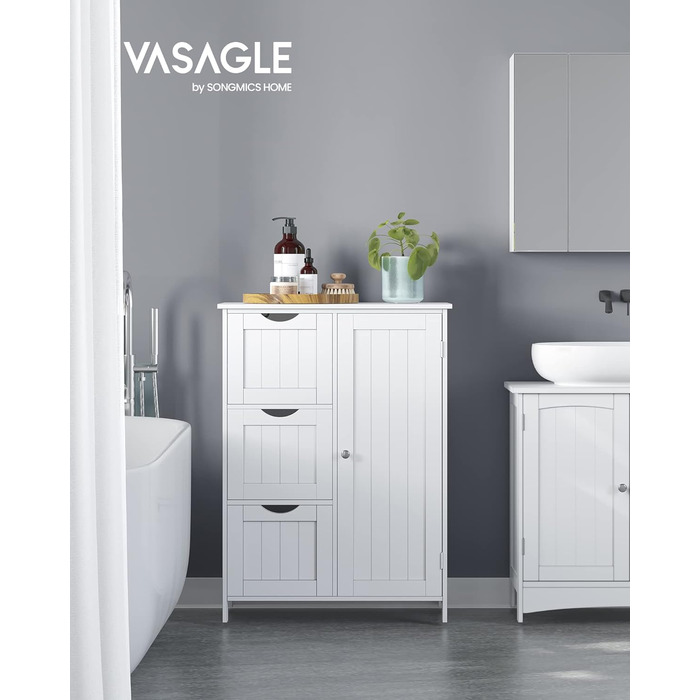 VASAGLE шафа для ванної кімнати, вузька комода з 3 шухлядами і дверцятами, регульована полиця, 30x60x80 см, хмарно-білий, кантрі стиль