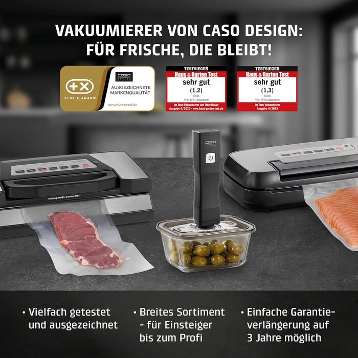 Набір вакуумних контейнерів Caso VacuBoxx Eco-Set з боросилікатного скла (3 шт.), без BPA, термостійкі та придатні для посудомийки та морозильника, з адаптером та шлангом