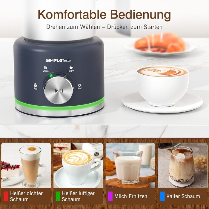 Електричний спінювач молока SIMPLETASTE 4-в-1: гарячий та холодний пінок, нагрів молока, какао, антипригарне покриття, автовимкнення, тиха робота, BPA-free, для капучіно та лате, темно-синій (безпечно мити в посудомийній машині та з запасним вінчиком)