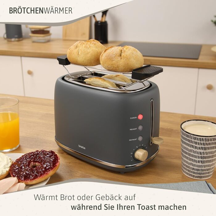 Тостер Briebe Nordic Set 2-слотовий з підставкою для булочок, 6 рівнів підсмажування + Електричний чайник 1.7л 2200Вт, Швидке нагрівання, BPA-free, Сірий