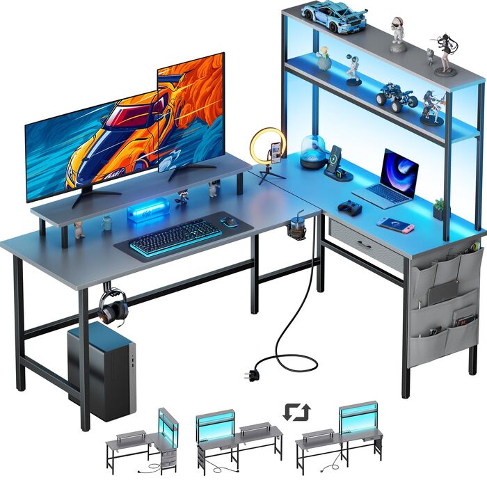 Ігровий стіл кутовий HLONONE 170x100 см з LED, розетками та USB, шухлядами, підставкою під монітор, сірий. Комп'ютерний стіл для геймінгу та офісу