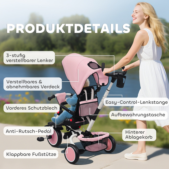 Триколісний велосипед Kinderdreirad 6-в-1, функціональний візок для малюків: з батьківською ручкою, регульованим сидінням, складаною конструкцією та захисним сіткою.