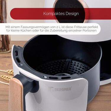 Аерофритюрниця Bergner Naturally AirFryer 2 л, 1000 Вт, антипригарне покриття, таймер, біла