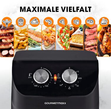Аерофритюрниця GOURMETmaxx 4 л, 1400 Вт, таймер, нержавіюча сталь, з функціями попереднього нагріву та підтримки тепла, економна, майже без олії, матова чорна