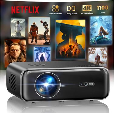 Проектор WiMiUS 1100 ANSI з 4K, Dolby Audio, WiFi 6, Bluetooth та Автофокусом для Домашнього Кінотеатру та Відкритих Подій (Android/iPhone)