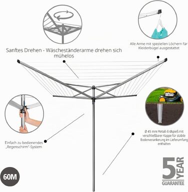 Ротаційна сушарка для білизни Brabantia Topspinner (60м) з металевим анкером для землі, срібляста