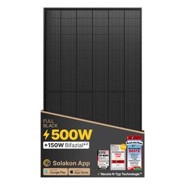 Двосторонній сонячна панель Solakon 500W N-Type Glass-Glass, 40V Full Black для балкона та фотоелектричних систем (1 шт)