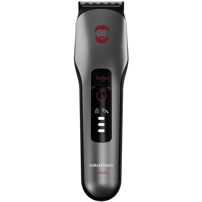 Машинка для стрижки волосся та бороди GRUNDIG ProClub MC 8030 з сенсором BeardCare, титановими лезами, 2 насадками, довгий час роботи, для вологого та сухого використання, темно-матовий хром/червоний