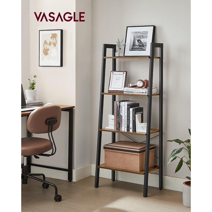 Полиця-драбина VASAGLE 4-ярусна, металева, вінтажний коричнево-чорний, 56x34x137.5 см LLS44X для вітальні, спальні, кухні, офісу