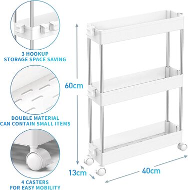 Кухонний візок SPACEKEEPER на 3 рівні, вузька роликова полиця 40x13x61 см, сірий, для кухні, ванної, офісу, мобільний органайзер, компактний стелаж