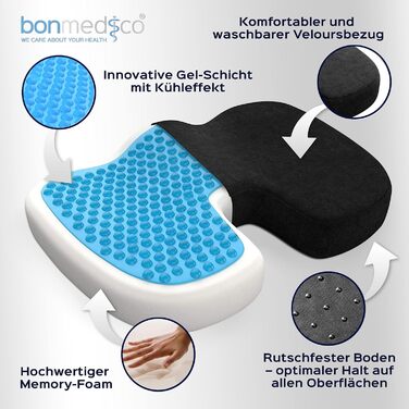 Ортопедична подушка для сидіння Bonmedico з Memory Foam та гелевим наповнювачем - для автомобіля, офісного крісла, інвалідного візка. Чорний велюр, великий розмір.