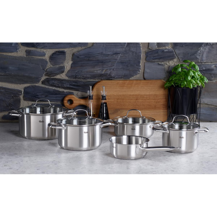 Набір каструль Fissler San Francisco з нержавіючої сталі, 5 предметів, для індукційних плит, зі скляними кришками (3 каструлі, 1 сотейник, 1 каструля з ручкою)